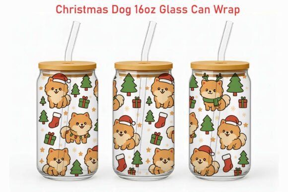 Christmas Pomeranian 16oz Glass Can Wrap