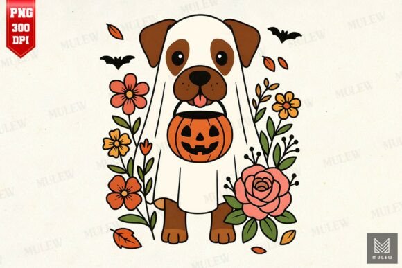 Halloween Boxer with Fall Flowers PNG