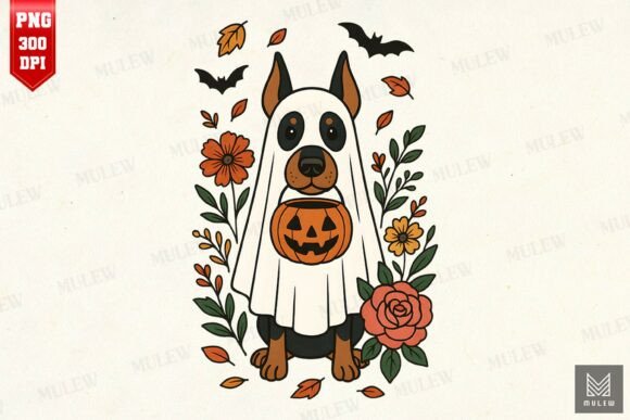 Halloween Doberman Pinscher Flowers PNG