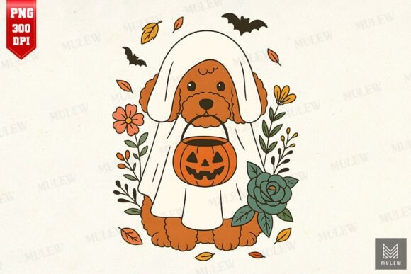 Halloween Poodle with Fall Flowers PNG