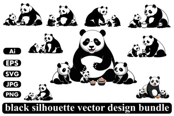 Set of Silhouette Cute Panda Family