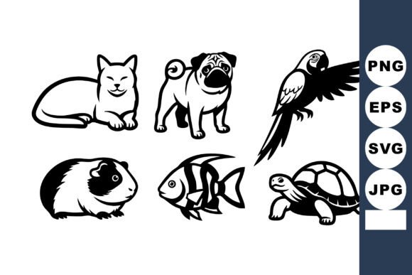 Six Pet Animals Black White