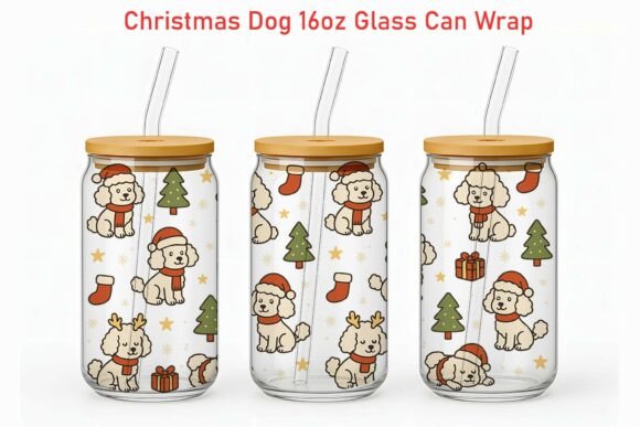 Xmas White Poodle 16oz Glass Can Wrap