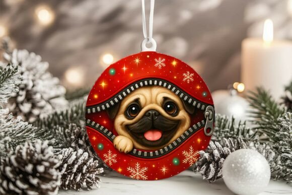Xmas Zipper Pug Circle Ornament PNG